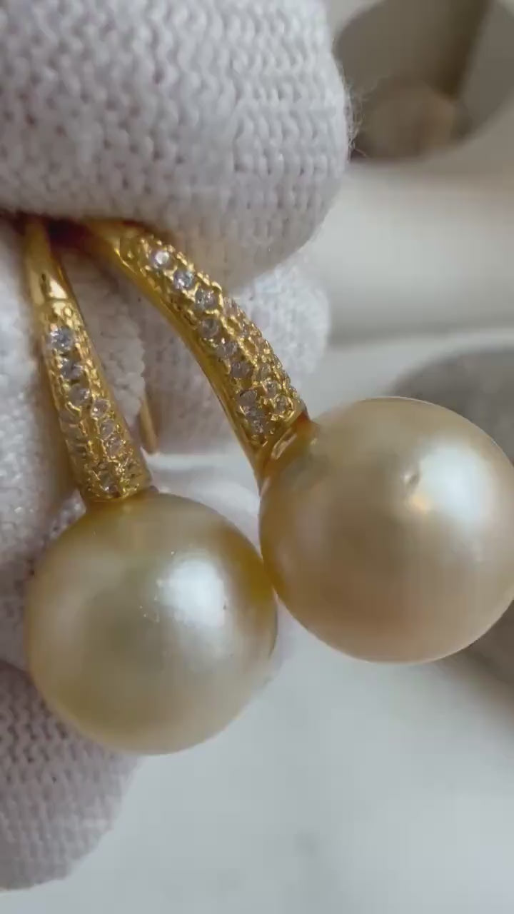 Elly’s 12.5mm South sea light golden Pearls High heel Earrings Hooks: Extreme luster, 2.6cm high, S925 silver earrings with zircon.