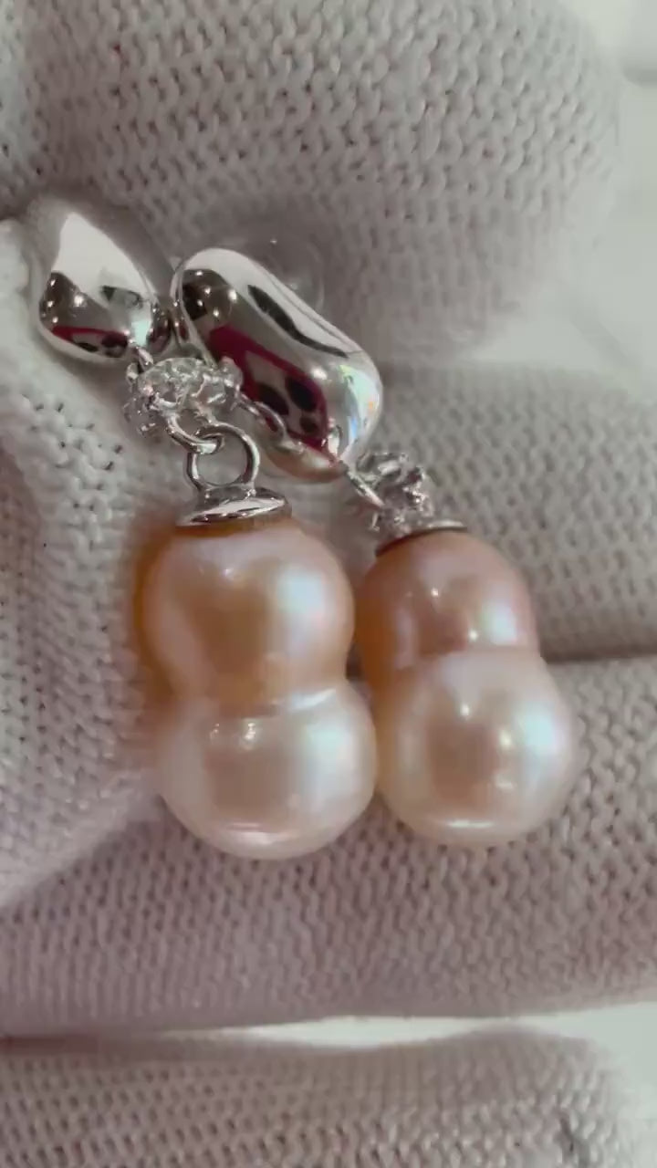 Elly’s Strong Luster pink rose Peanut Keshi pearls S925 silver earrings hoops drop daily office Earrings. 7.7-7.9mm