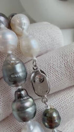 Elly’s 7.8-9.5mm Tahitian platinum Australian Ocean Pearls Necklace: extreme luster mirrored, knotted, 18.4”, S925 silver necklace.