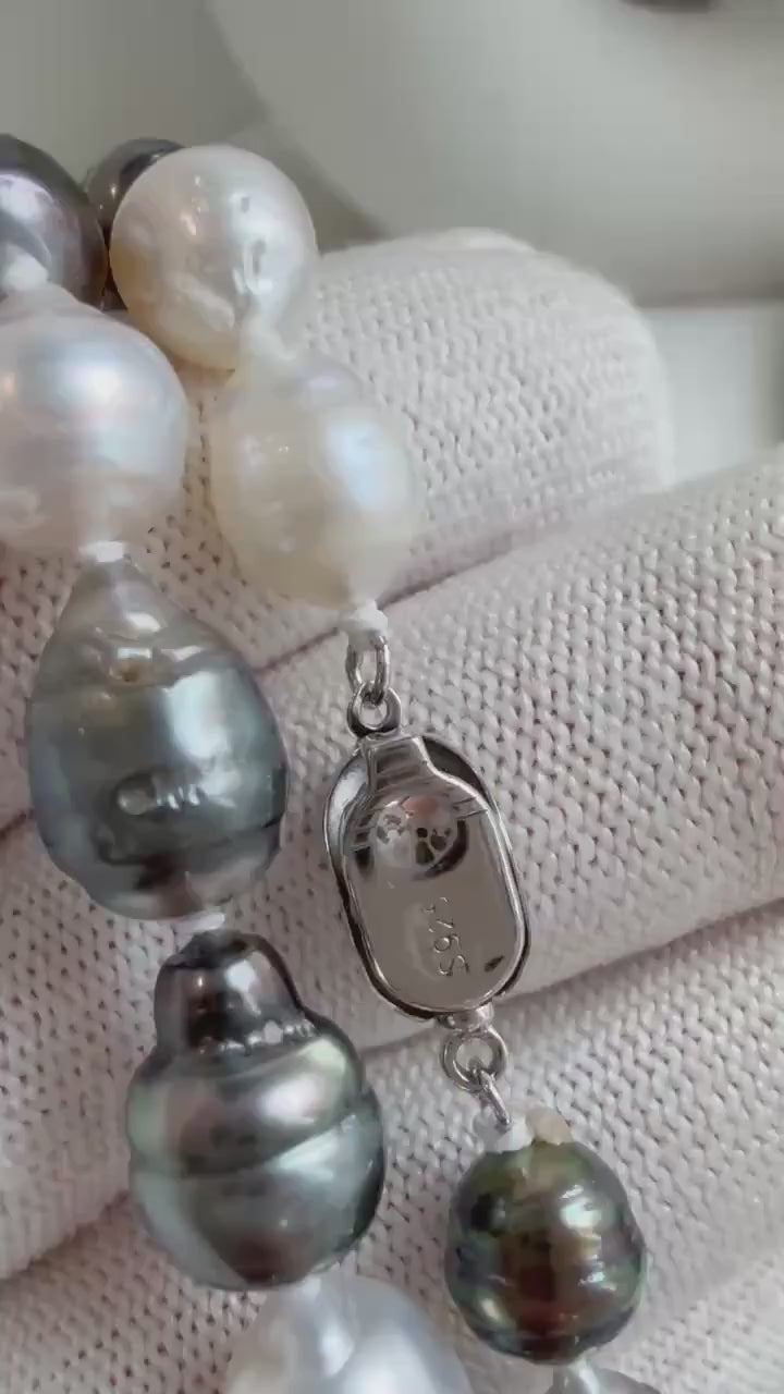 Elly’s 7.8-9.5mm Tahitian platinum Australian Ocean Pearls Necklace: extreme luster mirrored, knotted, 18.4”, S925 silver necklace.