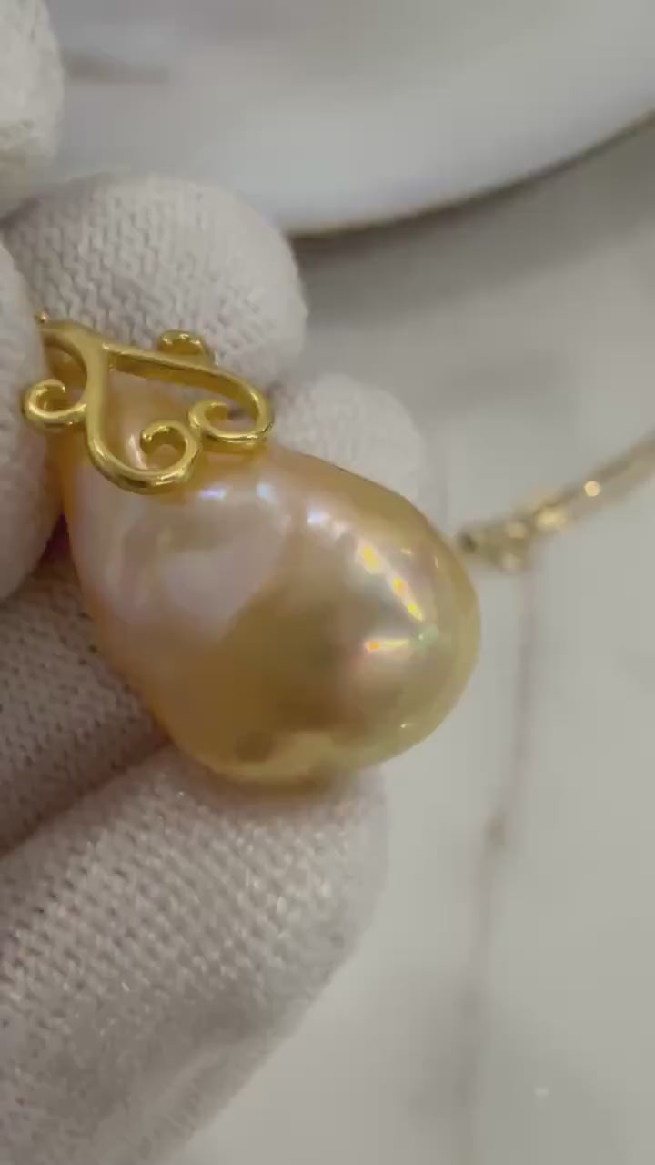 Strong luster fireball Peach Gold baroque Pearl dazzling stylish S925 silver pendant necklace set gift for her birthday to 24mm (#11-7)