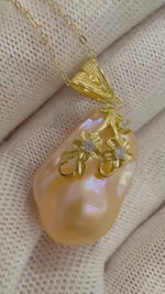 Strong luster fireball Peach Gold baroque Pearl dazzling stylish S925 silver pendant necklace set gift for her birthday to 24.6mm(