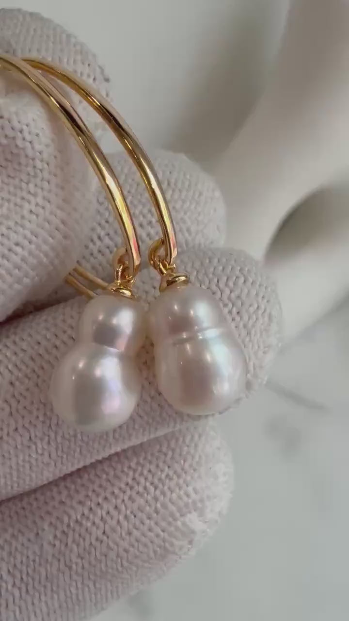 Elly’s Strong Luster off white Peanut Keshi pearls S925 silver earrings hooks drop daily office. 7x10.5mm