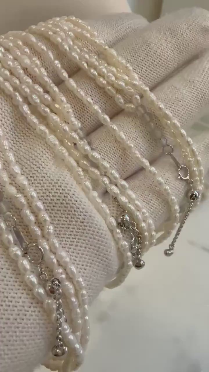 3-layers 2.5-2.7mm Keshi genius off white layered rice pearl necklace choker elegant attractive perfect anniversary gift for her. To 47cm