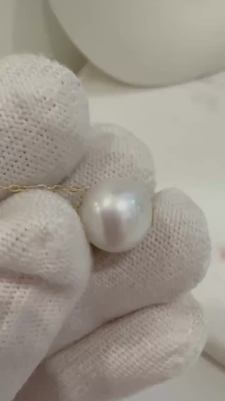 Au750 18k Yellow Gold 11mm Extreme luster Edison White Round Pearl Floating pendant silver chain Classic Necklace gift for her birthday