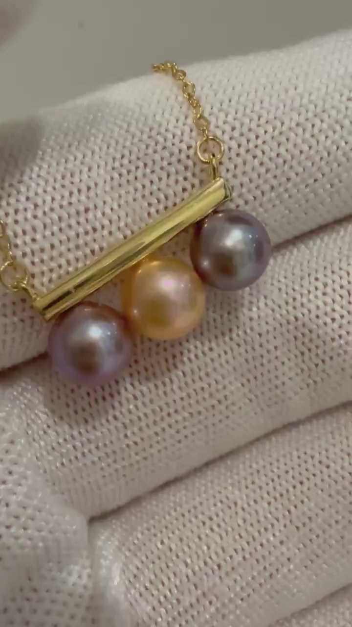 Elly’s Tri pearls strong luster peach purple lavender Pearls pendant silver top silver chain Classic Necklace unique gift for her 6.6-6.8mm