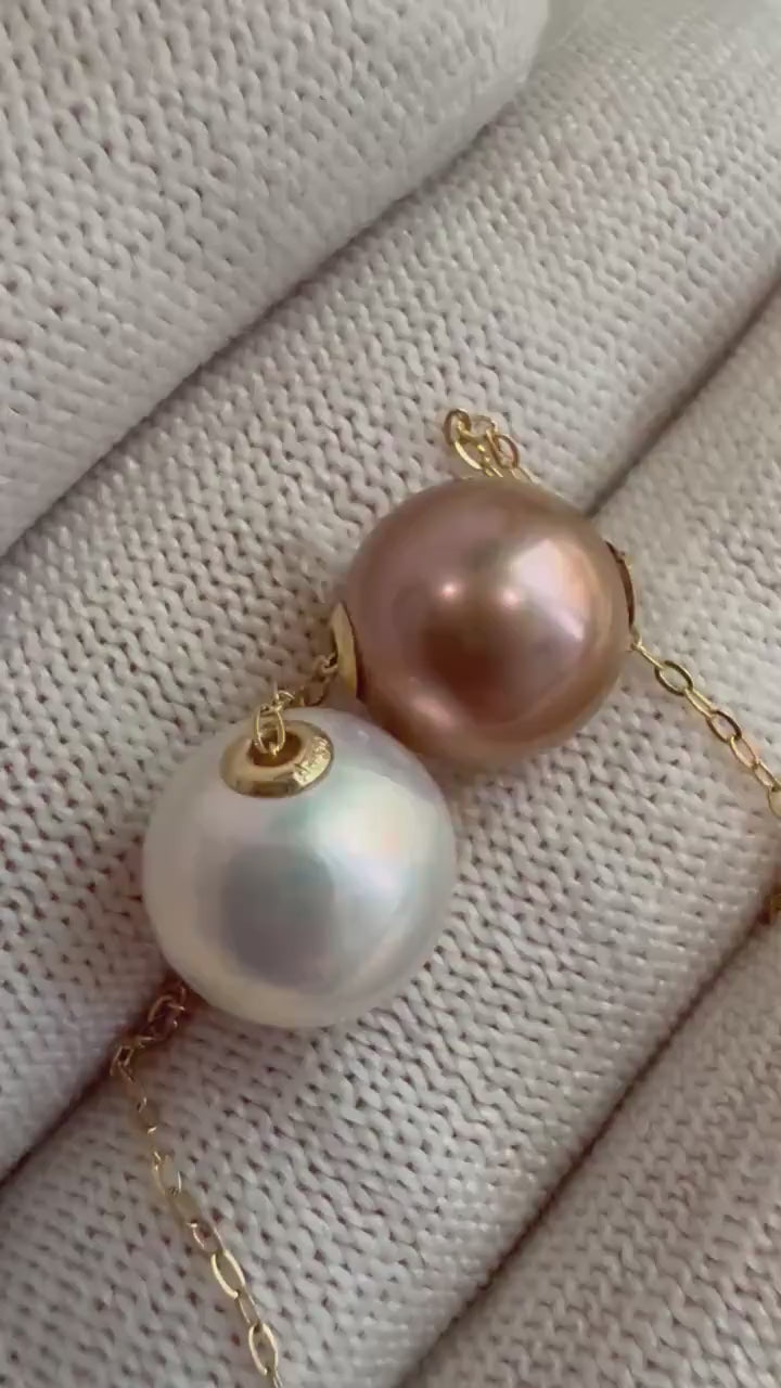 Double Au750 18k Gold extreme luster White Antique Gold Round Pearls Floating pendant silver chain Necklace her birthday gift. 10.5-10.3mm